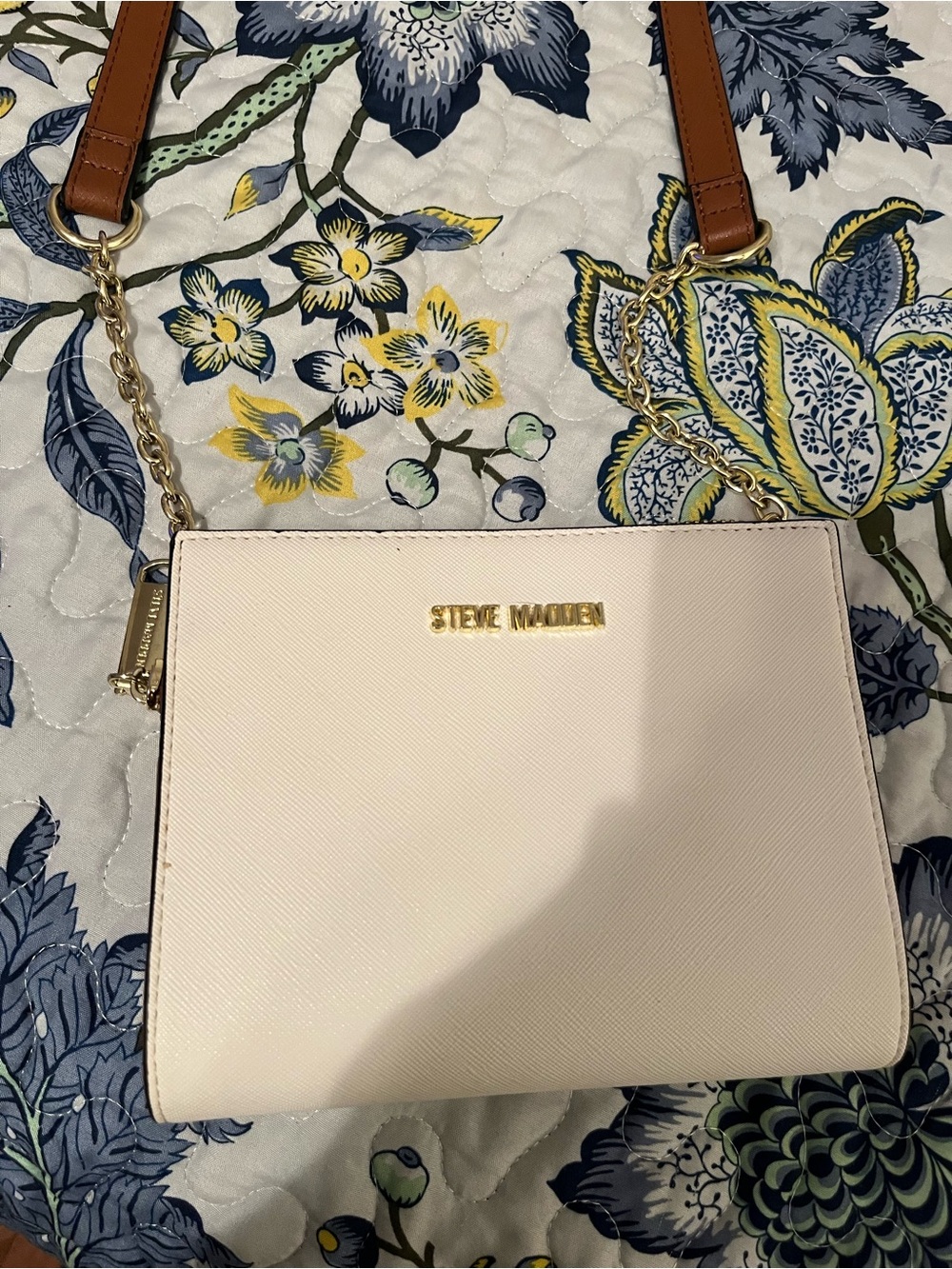 Steve Madden Cream Crossbody with Brown Strap & Gold Chain